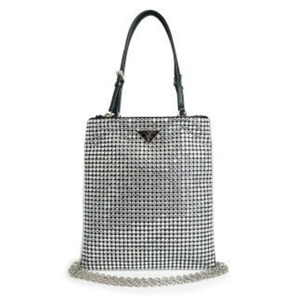 Prada Triangle Chain Shoulder Bag Crystal Satin Leather Black - Picture 1 of 9